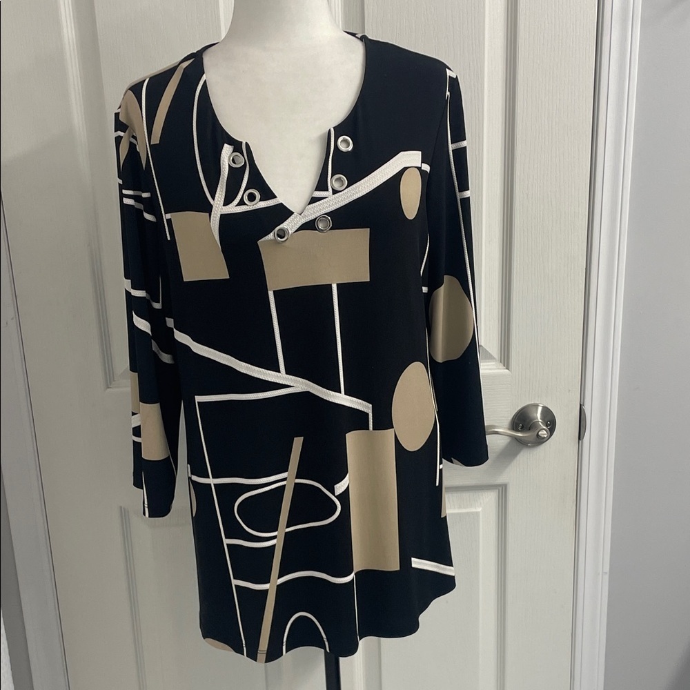 Joseph Ribkoff Black/Tan Geometric Blouse/Tunic V Neck 3/4 Sleeve Sz US14 - Picture 1 of 15